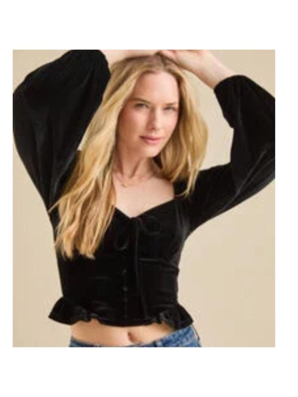 Altar'd State black velvet top with ruffle details and long sleeves. Size S